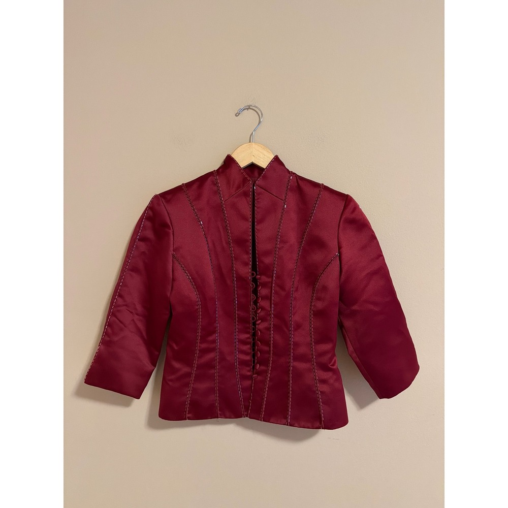 Petite Burgundy Satin Beaded Mandarin Collar Evening Jacket Sz 4P